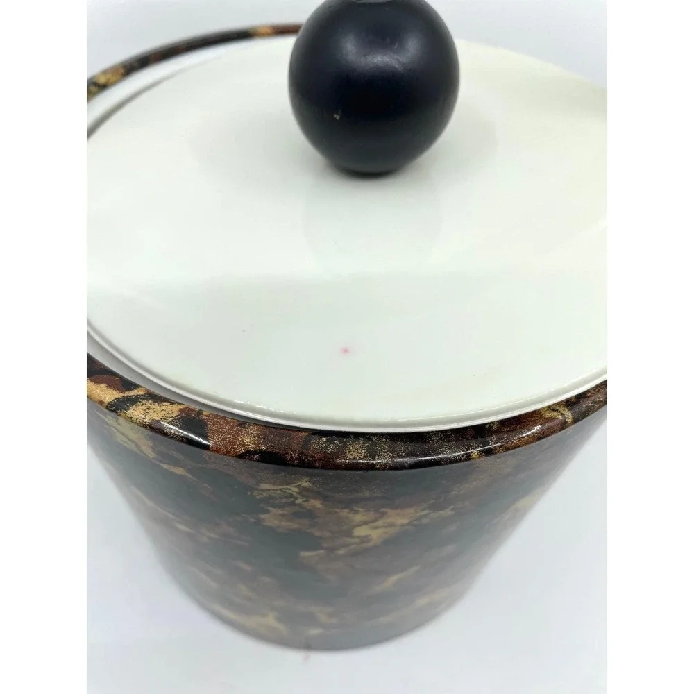 1970s Vintage Faux Tortoiseshell Ice Bucket Black  Knob Lid